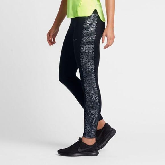 NIKE Power Epic Reflect Tight Pants Geometric Textured Leg Black Silver Size L - Picture 1 of 12